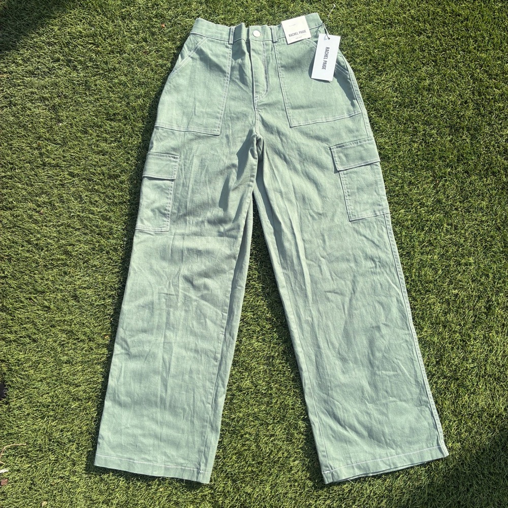 Rachel Paige Large High Waist Stretch Wide Leg Cargo Pants Sage Green Denim NWT